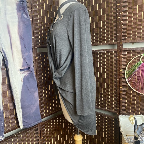 Sexy grey lace up twist cross over hi low long sleeve top size large - Picture 5 of 7